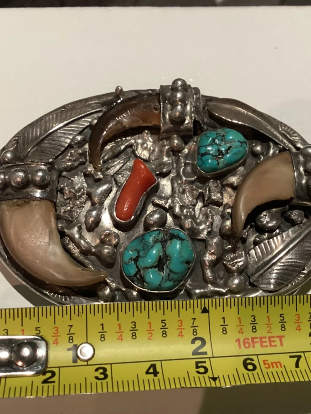 BEAR Claw BELT BUCKLE. OLD PAWN ? CORAL TURQUOISE. SIGNED “SC”